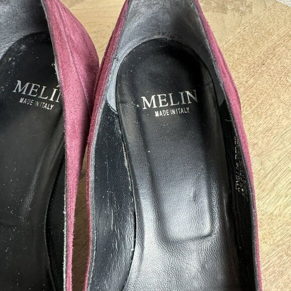 Melin Made In Italy Leather Lined Suede Kitten Heels Size 37 - Maroon Buckle Y2K - Picture 11 of 11